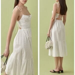 REFORMATION Heaven Midi Dress Eyelet Tie Strap Open Back Backless Ruffle Belted